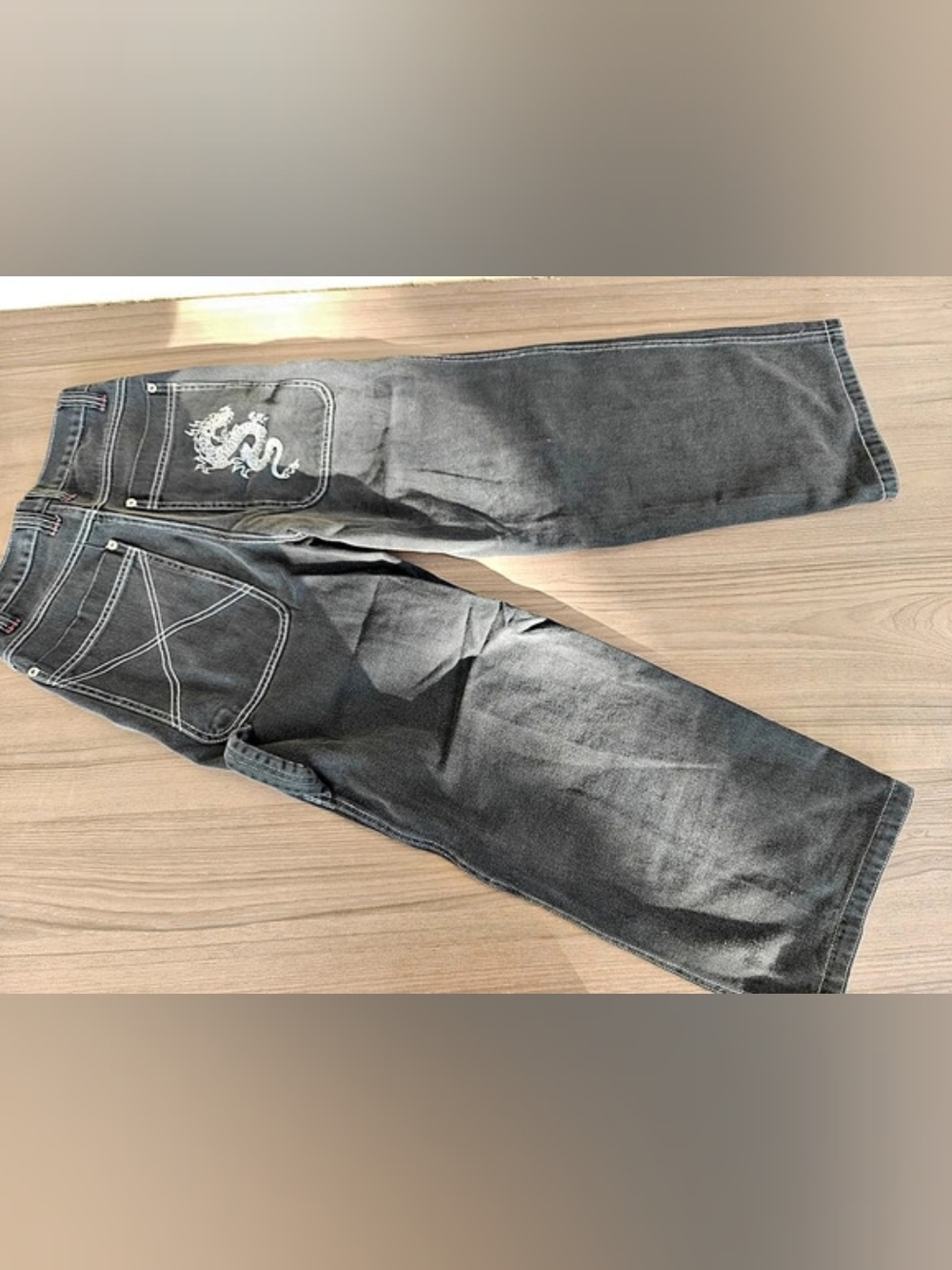 y2k Radboyz Dragon Embroidery Black Wide Denim Jeans